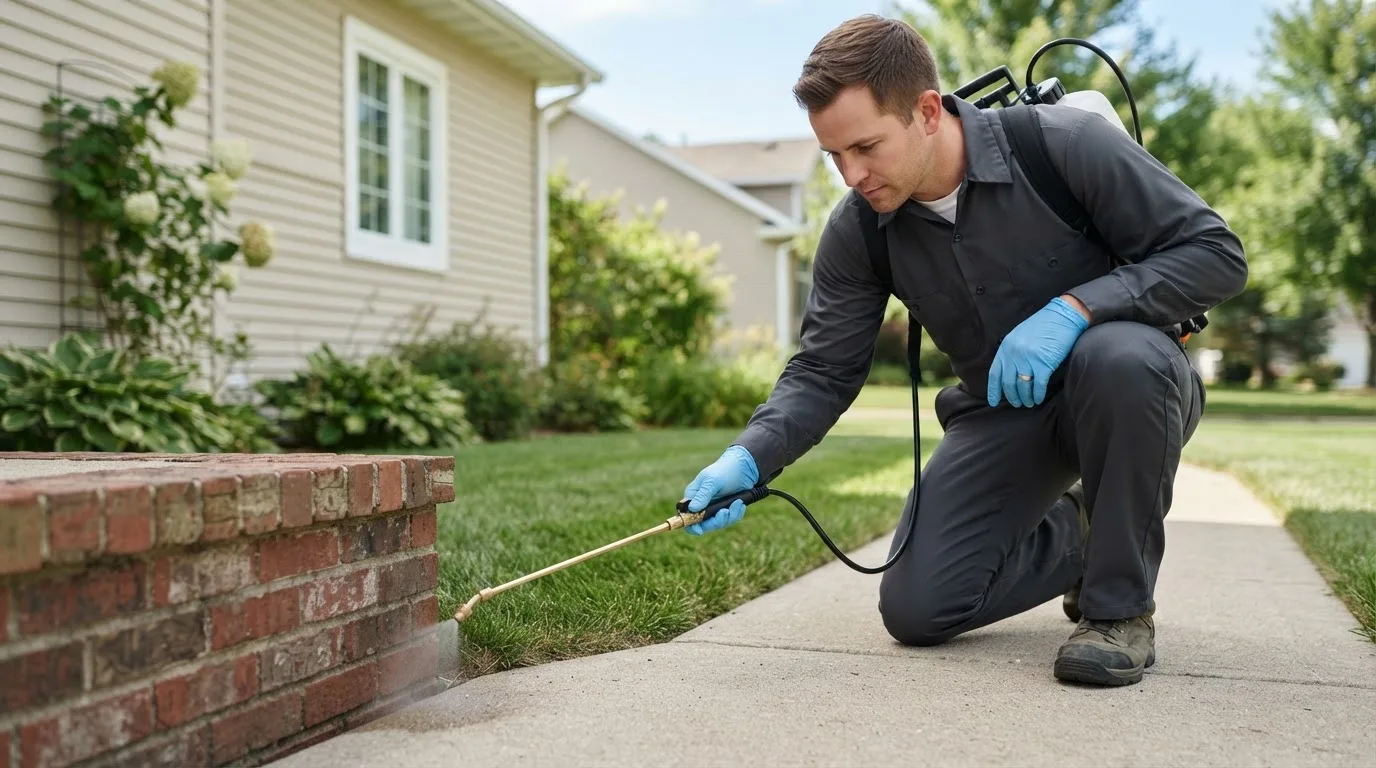 Pest control technician treating a home near Carmel, ME