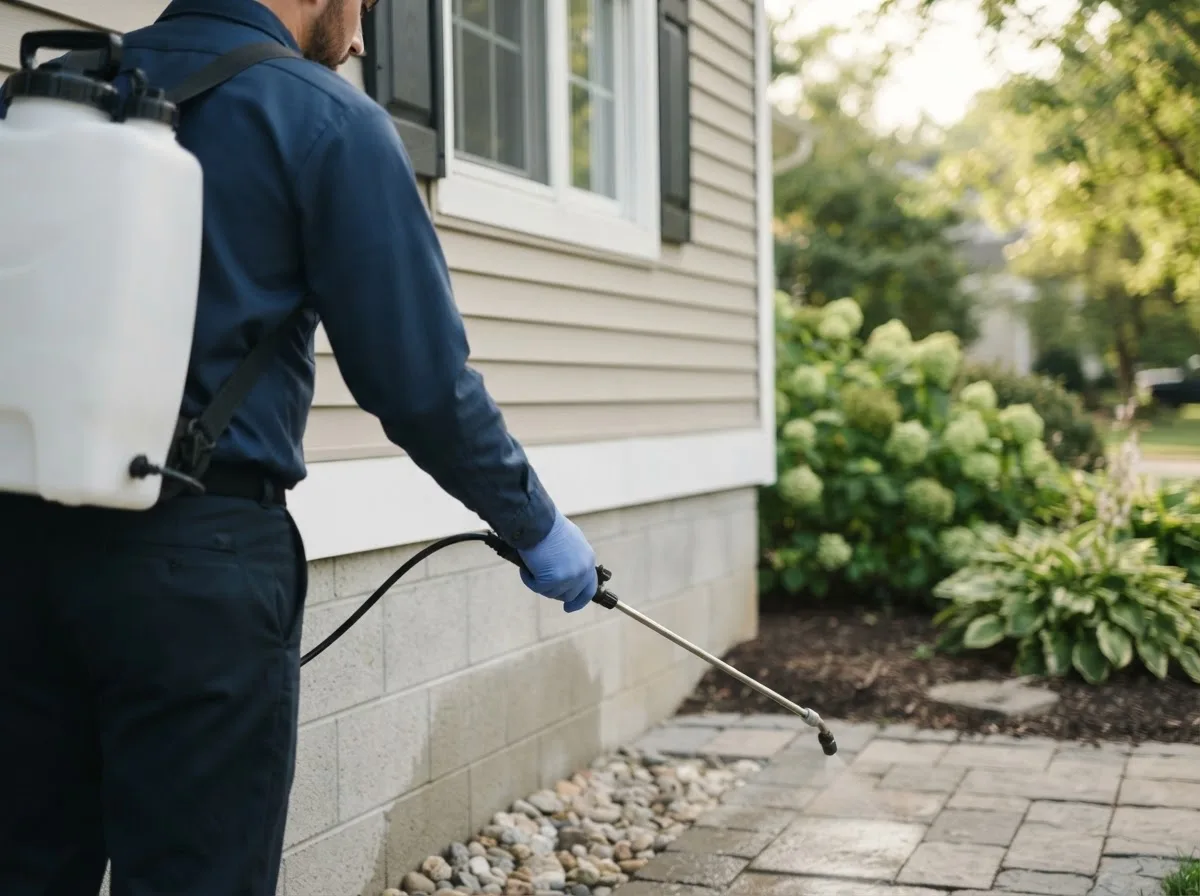Pest control technician inspecting a home in Carmel, ME